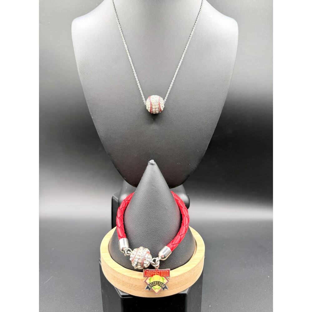 Rhinestone Encrusted Baseball Pendant Necklace & Matching Leather Bracelet